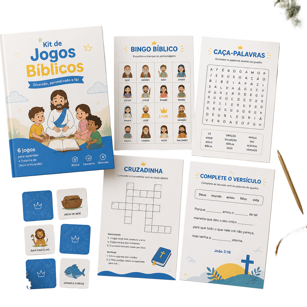 Mockup do Kit de Jogos Bíblicos mostrando capa, bingo, caça-palavras, jogo da memória, cruzadinhas e complete o versículo